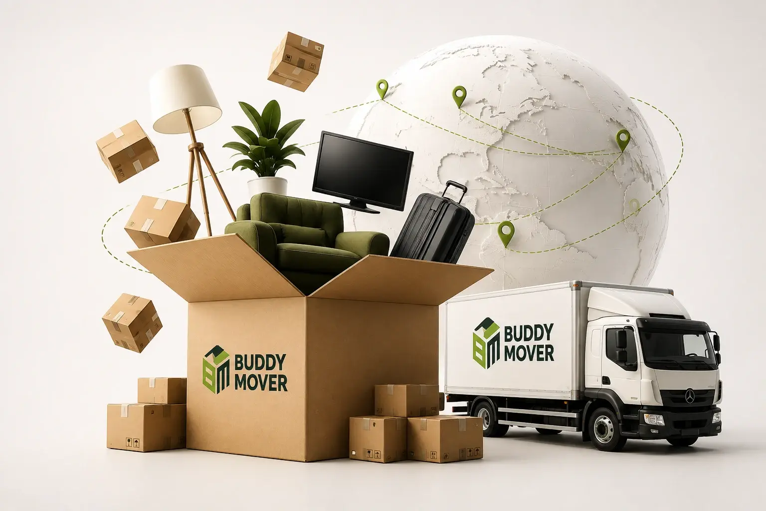 Открытая коробка Buddy-Mover с креслом, лампой, растением и чемоданом, упакованные коробки и фирменная фура на фоне глобуса