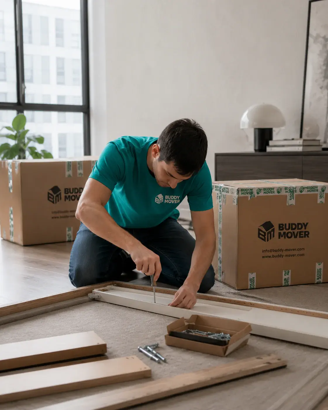 Buddy-Mover mütəxəssisləri alətlə mebel yığır