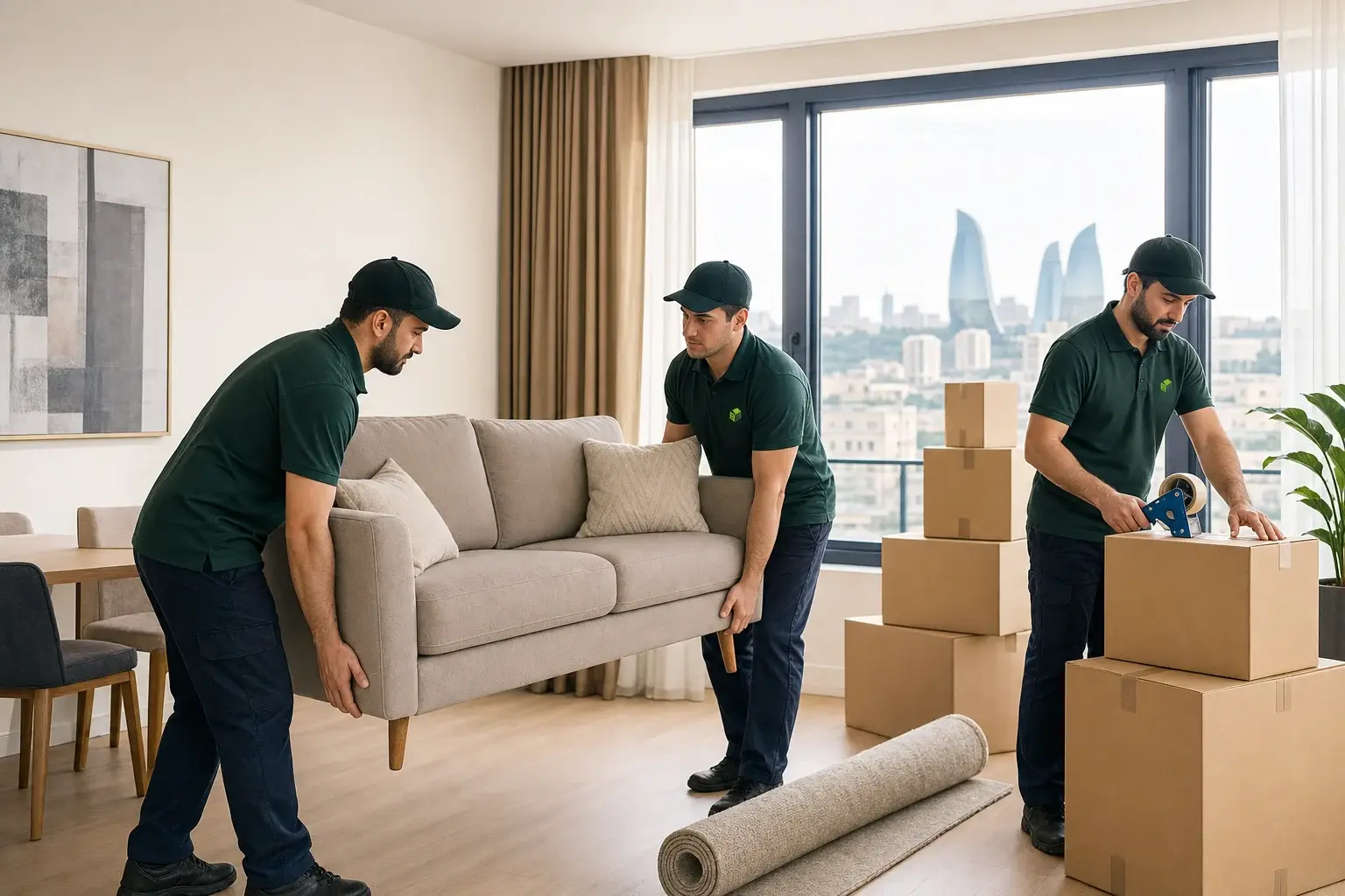 A Buddy-Mover crew carrying furniture out of a Baku apartment building