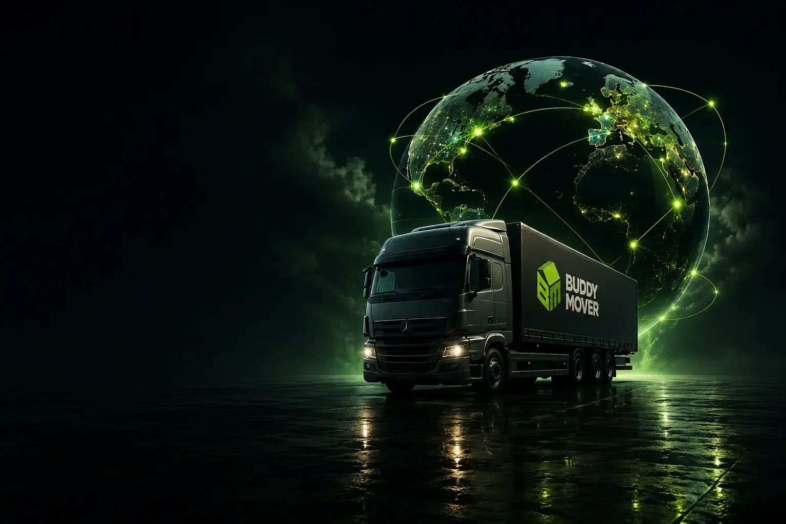 A Buddy-Mover truck with a globe, representing an international relocation to or from Baku