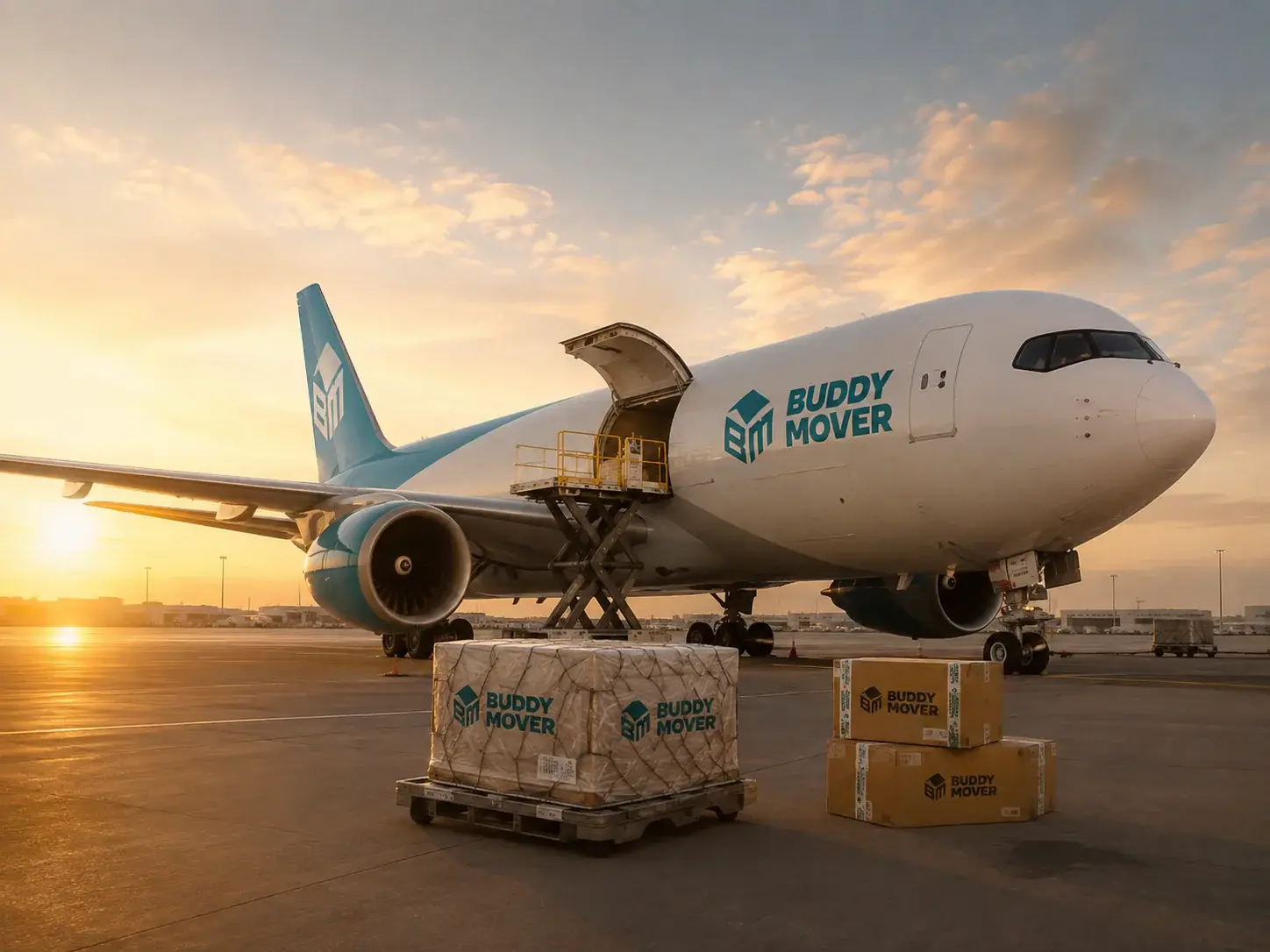 A cargo aircraft with boxes ready for dispatch