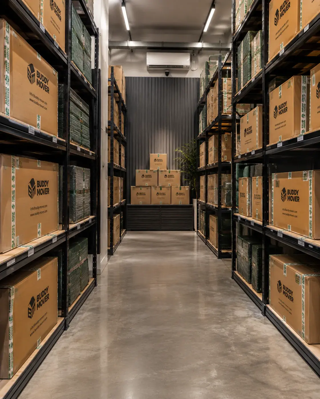 Buddy-Mover staff placing belongings in a secured warehouse