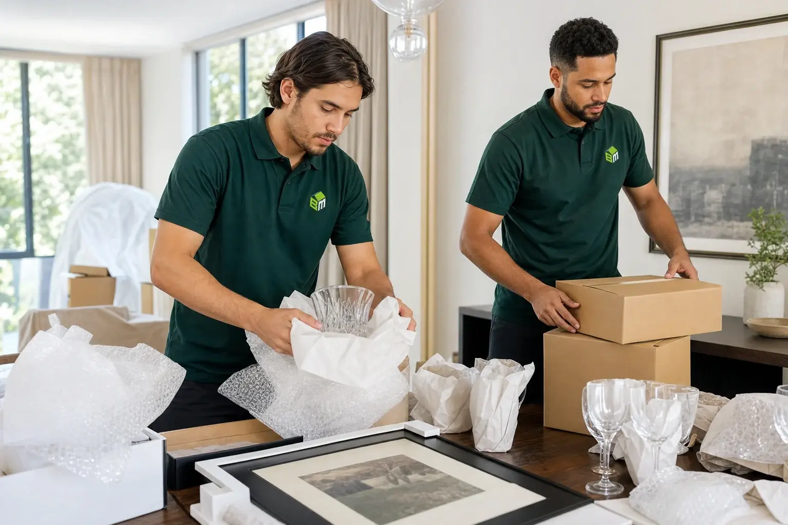 A Buddy-Mover specialist packing fragile items for a diplomatic residence move
