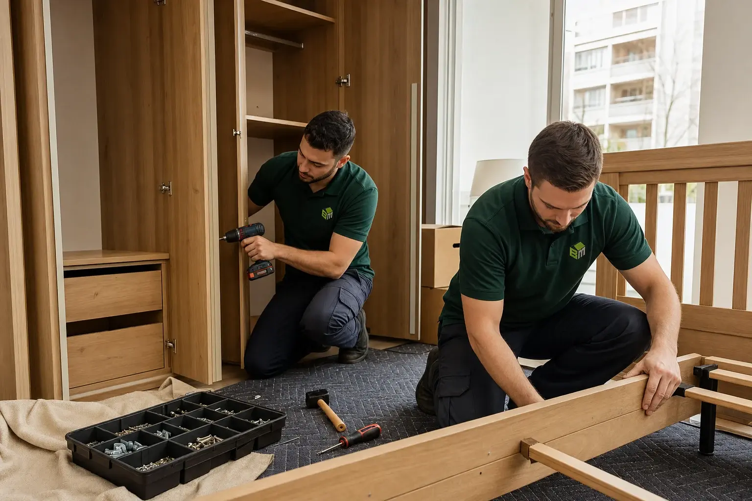Buddy-Mover specialists reassembling office furniture after a corporate move